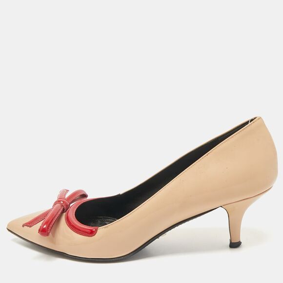 Prada Beige/red Patent Leather Pointed Toe Bow Pumps Size 39